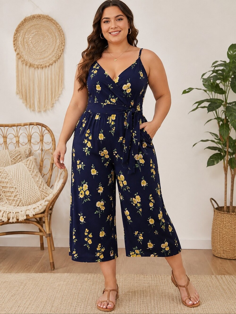 Kaileigh 1X Navy Yellow Floral Jumpsuit Cropped Wide Leg Tie Waist Plus Size